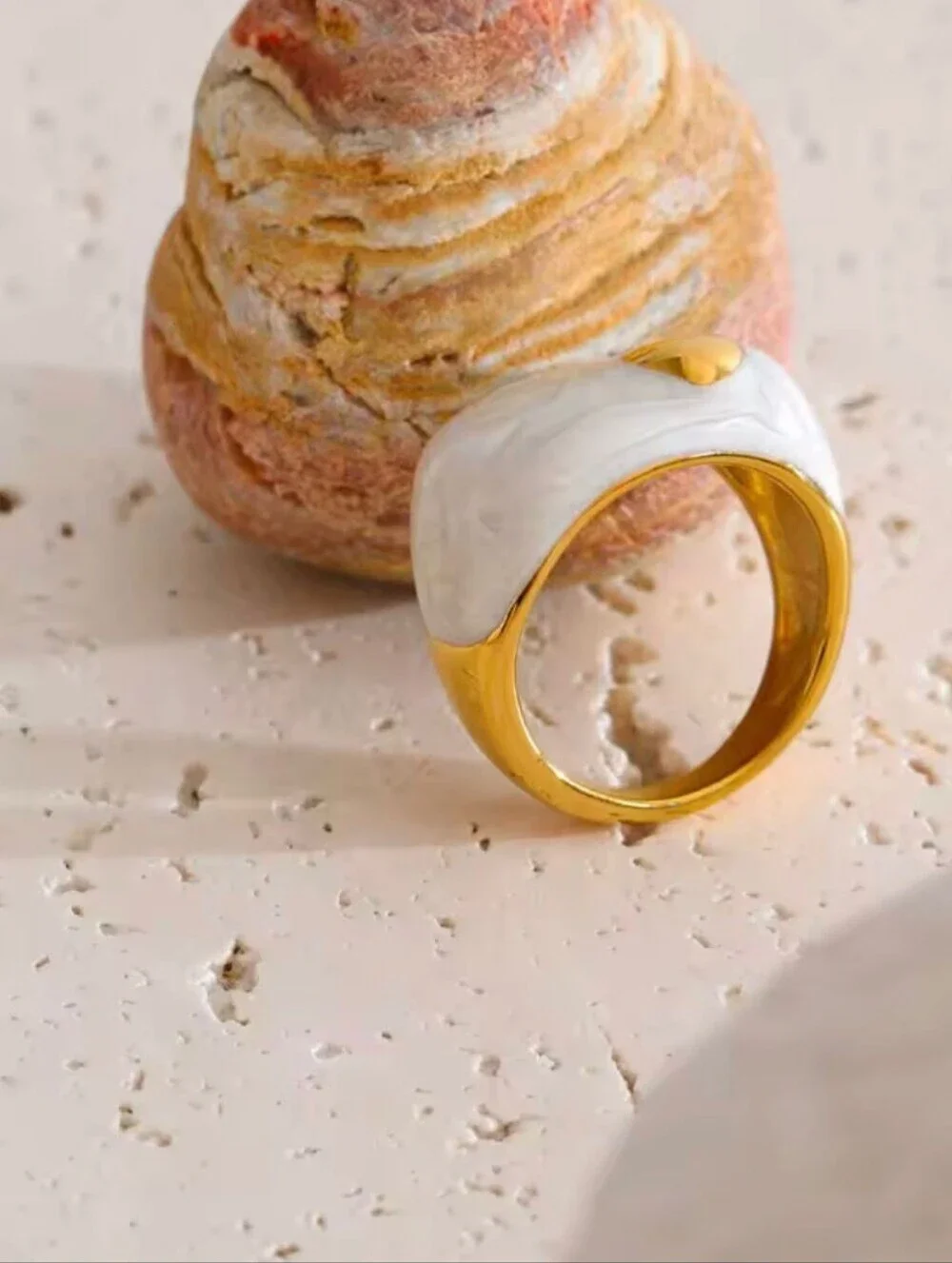 White Marble Resin Ring with Gold Heart Accent